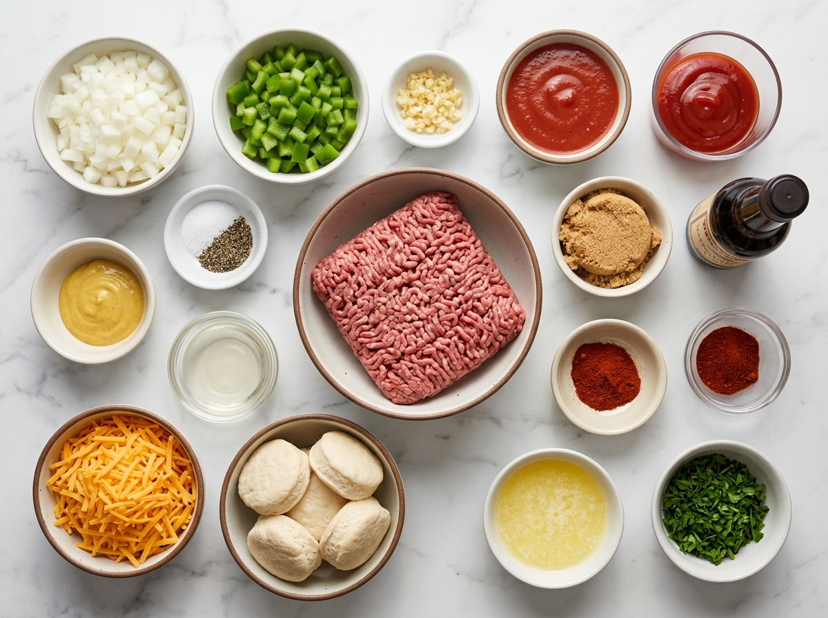 Ingredients for sloppy joe casserole with beef, cheddar, biscuits, and sauce