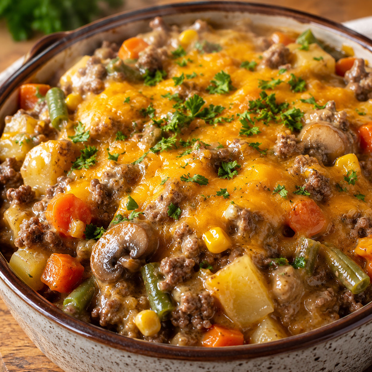 Amish harvest casserole with ground beef, vegetables, and melted cheddar in a bowl