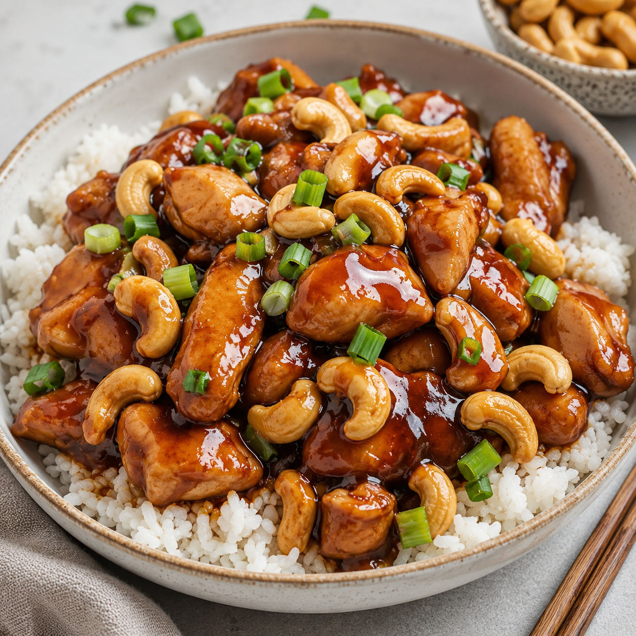Slow cooker cashew chicken over rice with green onions and roasted cashews