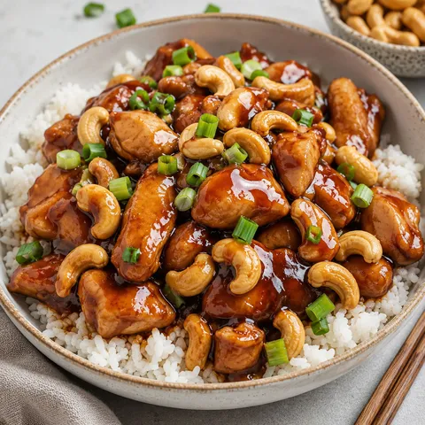 Slow cooker cashew chicken over rice with green onions and roasted cashews