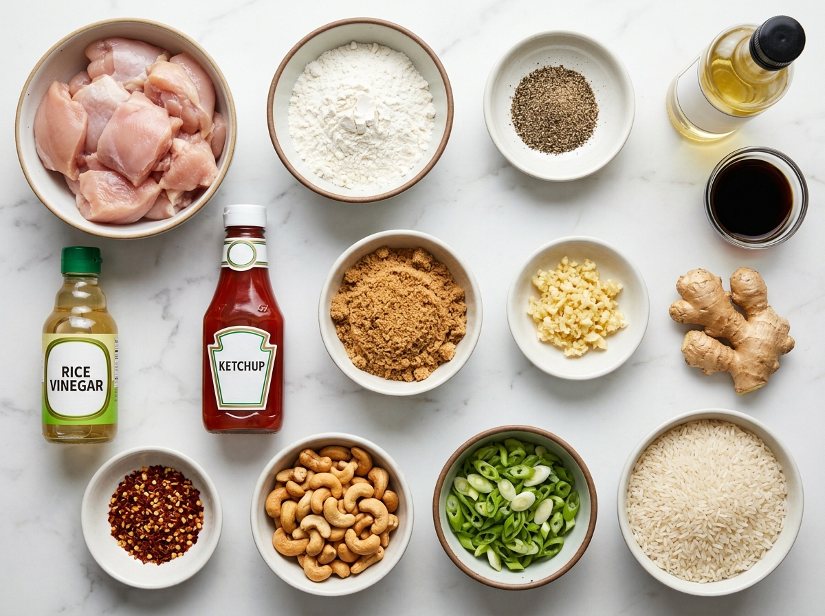 Ingredients for slow cooker cashew chicken with chicken, sauce, cashews, and rice