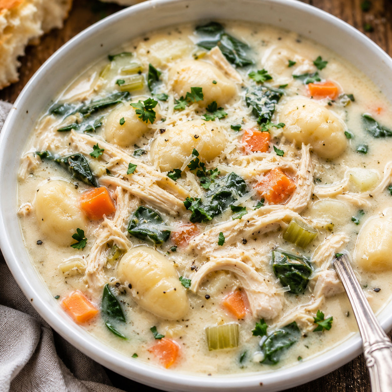 Creamy chicken gnocchi soup with spinach, carrots, and Parmesan