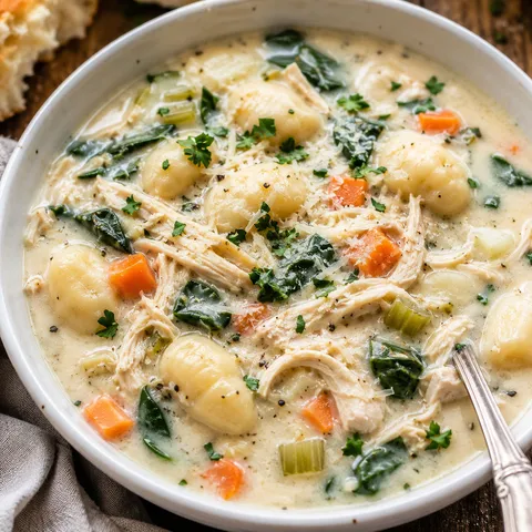 Creamy chicken gnocchi soup with spinach, carrots, and Parmesan