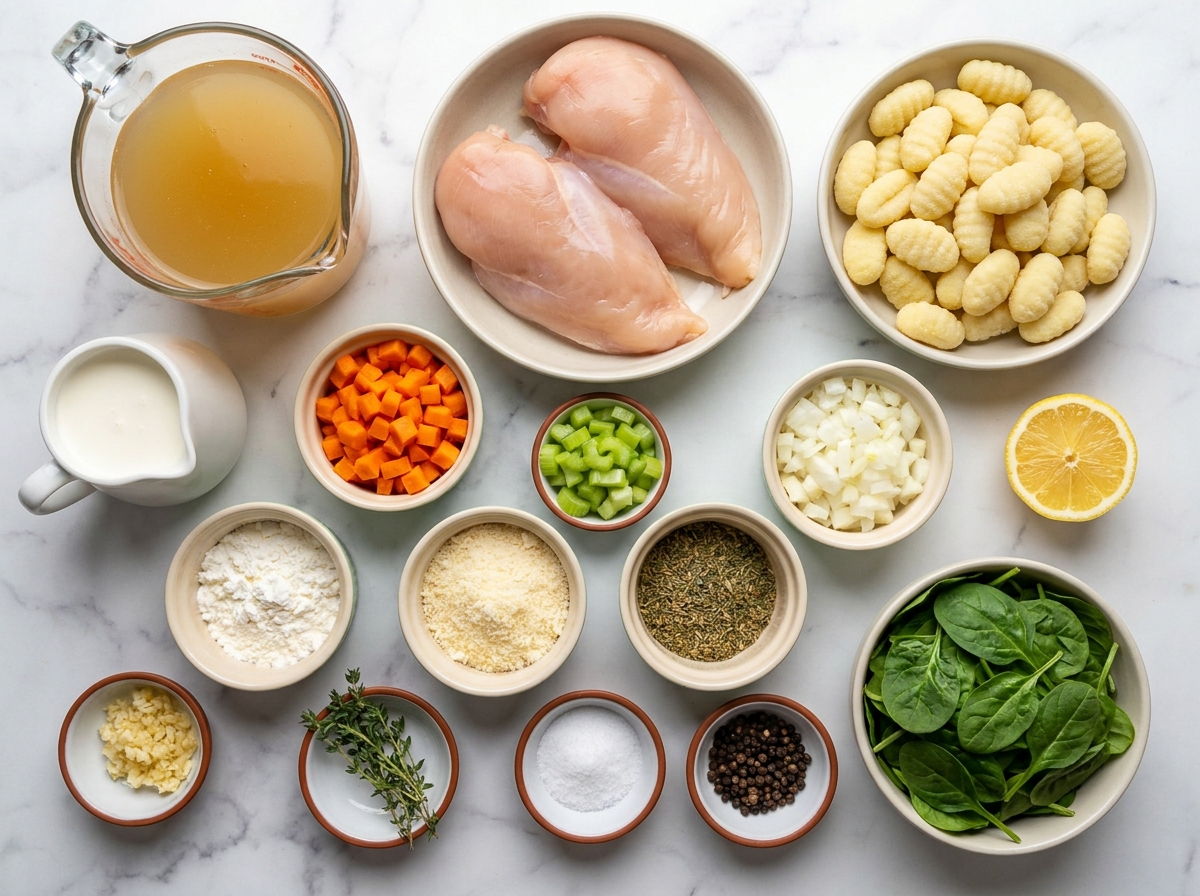 Ingredients for chicken gnocchi soup with chicken, gnocchi, spinach, and cream