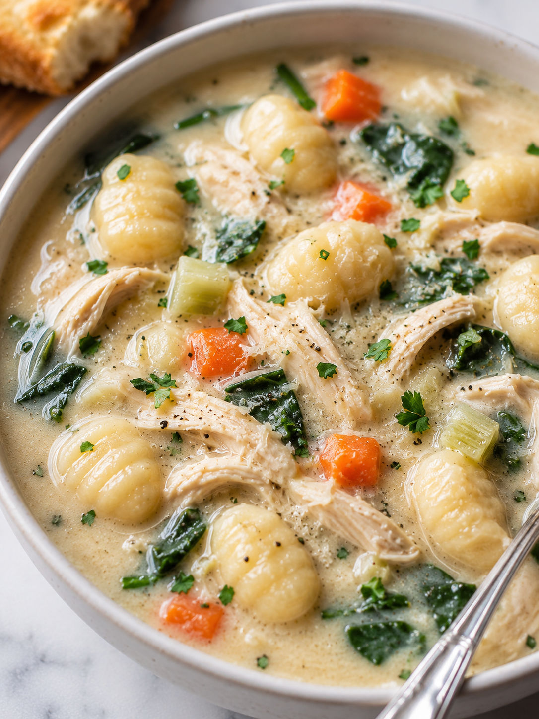 Easy Slow Cooker Chicken Gnocchi Soup, plated and served