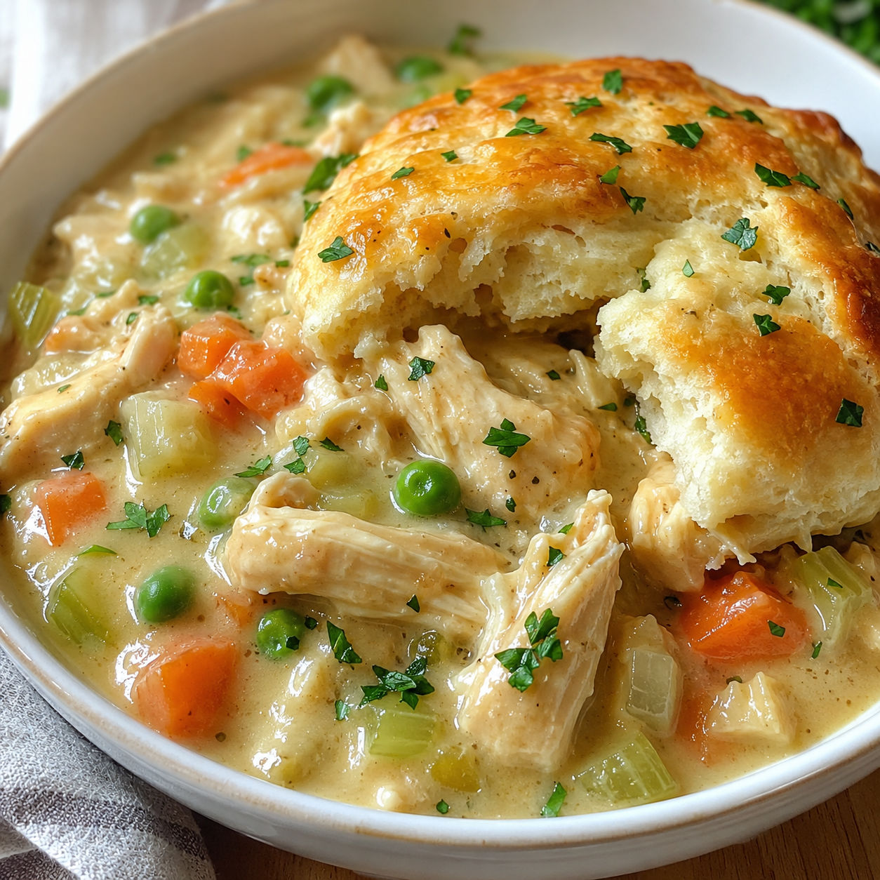 Chicken pot pie filling with peas and carrots topped with a golden biscuit