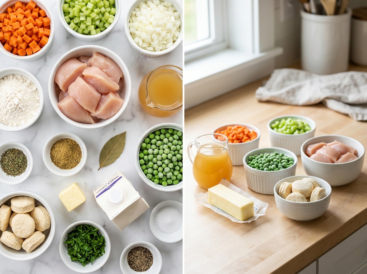 Ingredients for slow cooker chicken pot pie with biscuits on a wood counter