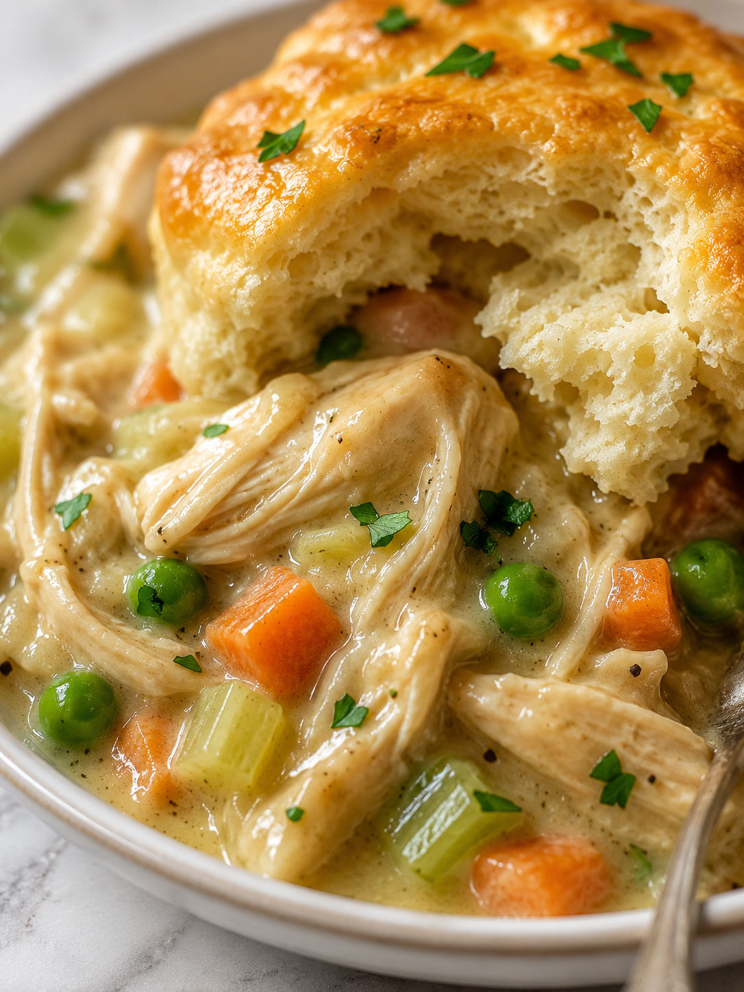 Easy Slow Cooker Chicken Pot Pie with Biscuits, plated and served