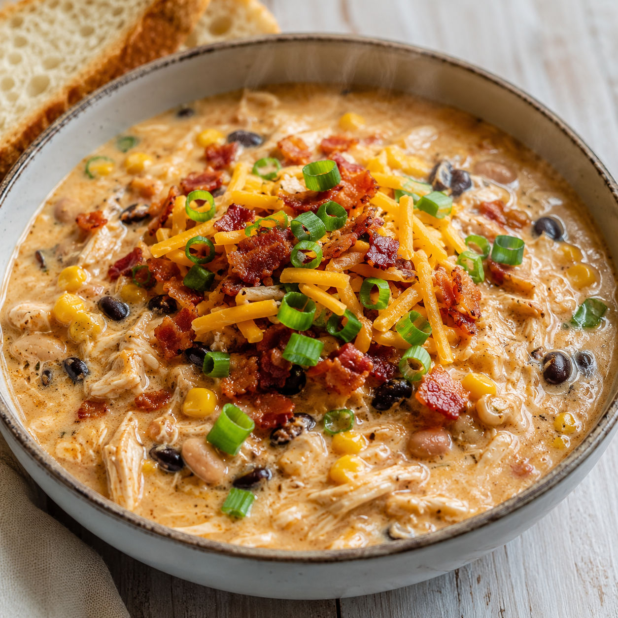 Creamy crack chicken chili topped with bacon, cheddar, and green onions