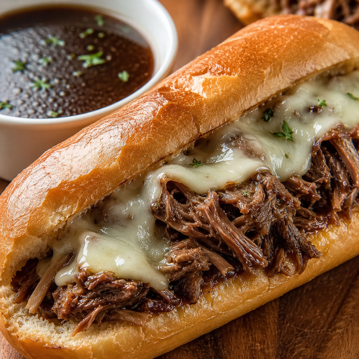 Slow cooker French dip sandwich with shredded beef and provolone on a toasted hoagie roll