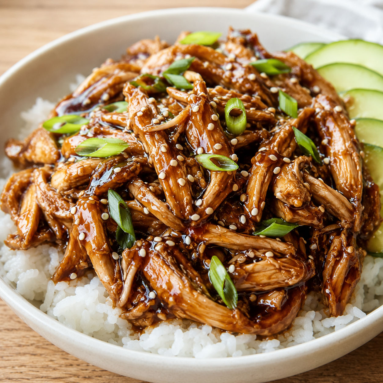 Korean BBQ chicken over rice with green onions and sesame seeds