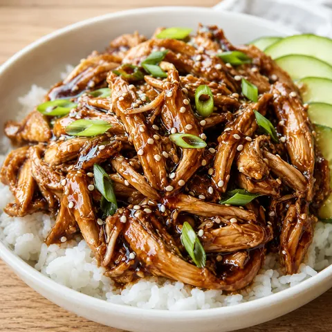 Korean BBQ chicken over rice with green onions and sesame seeds
