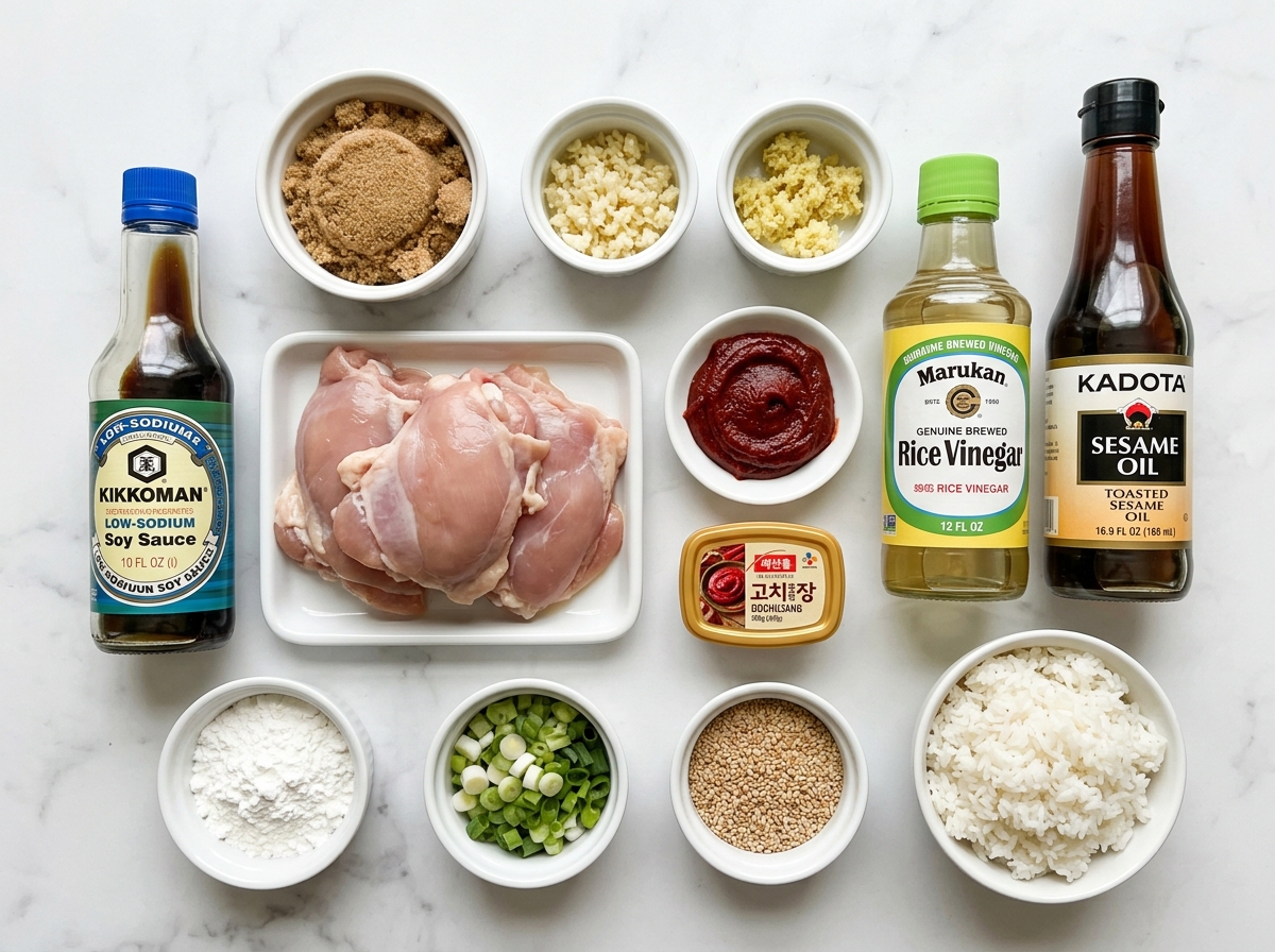 Ingredients for Korean BBQ chicken with soy sauce, ginger, garlic, and gochujang