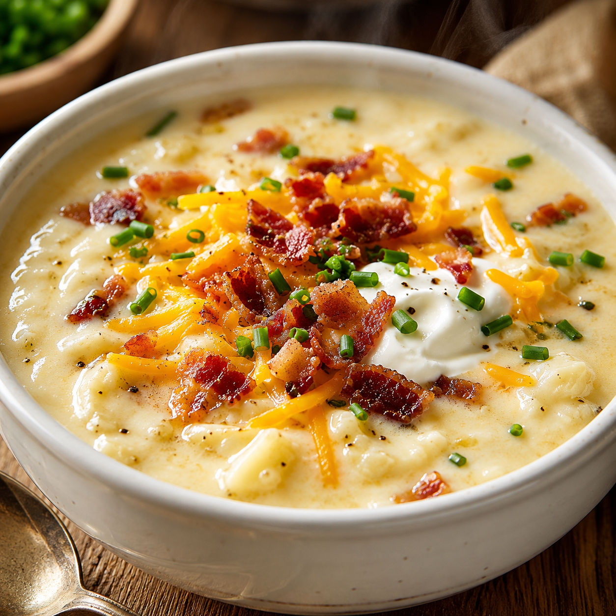 Loaded potato soup with cheddar, bacon, chives, and sour cream