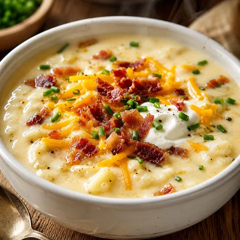 Loaded potato soup with cheddar, bacon, chives, and sour cream