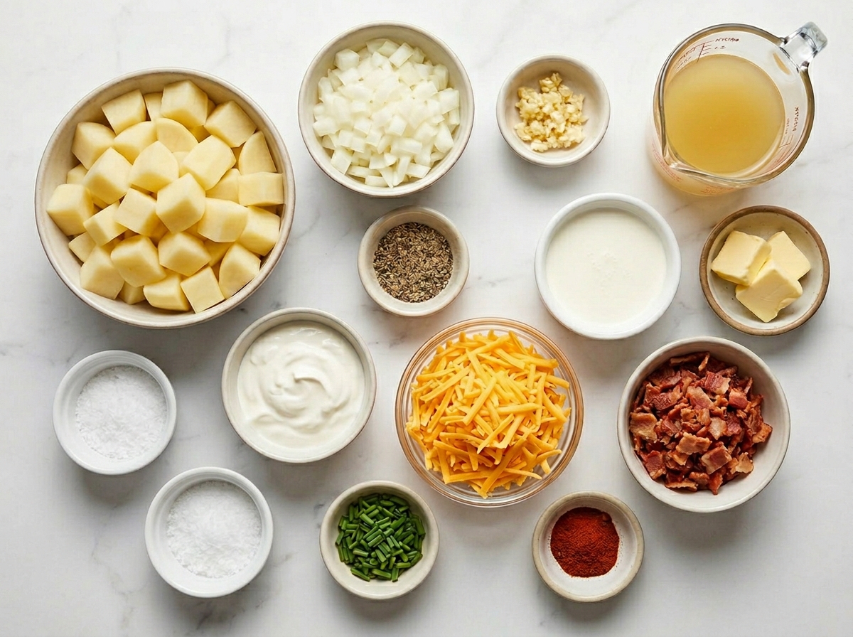 Ingredients for loaded potato soup with potatoes, cheddar, bacon, and chives