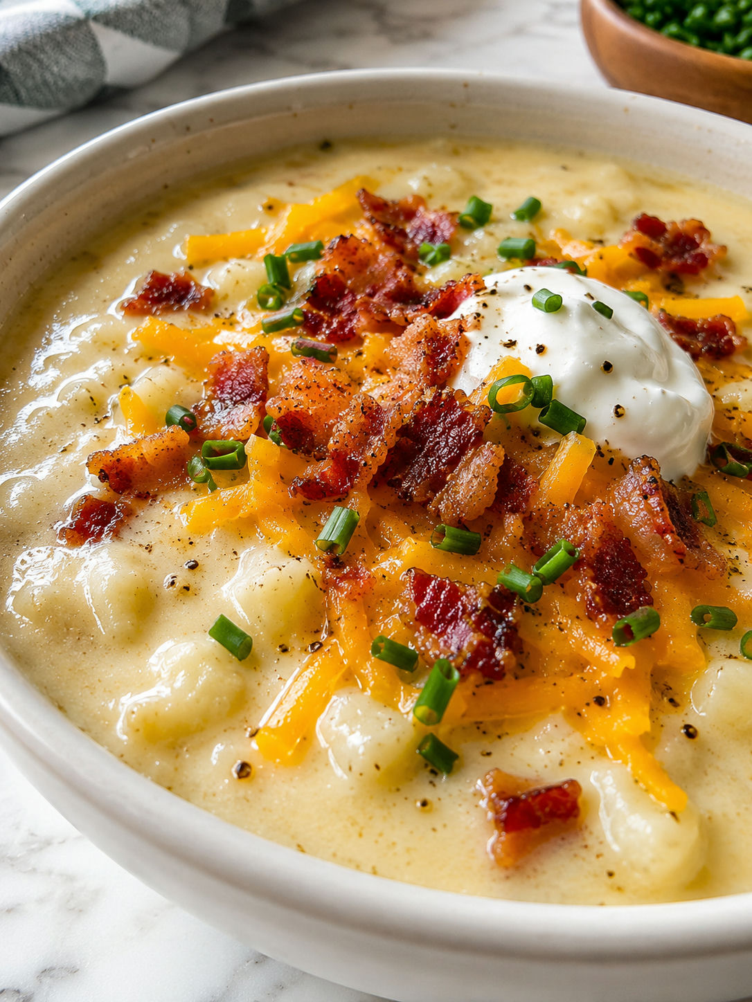 Easy Slow Cooker Loaded Potato Soup, plated and served