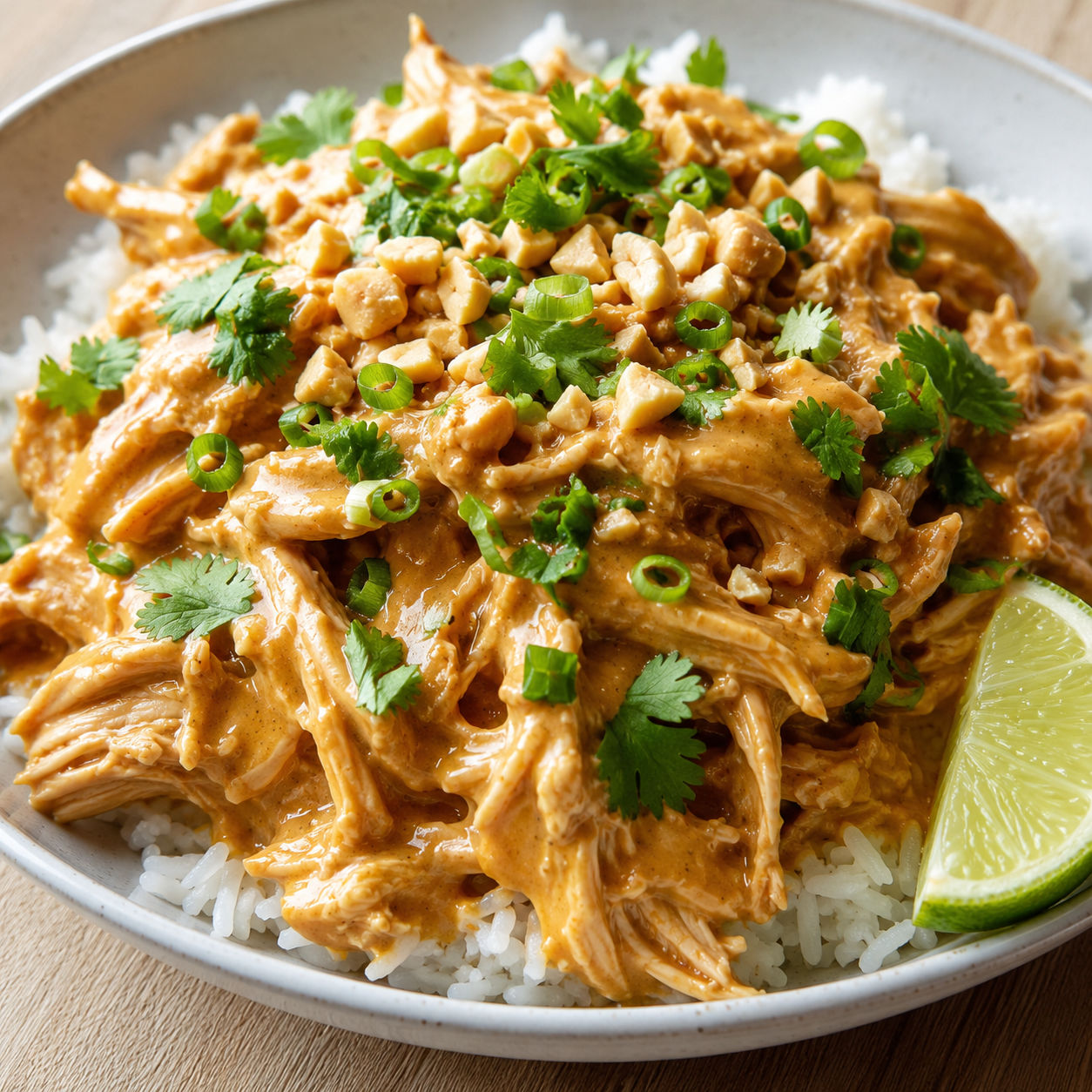 Slow cooker Thai peanut chicken over rice with cilantro and crushed peanuts