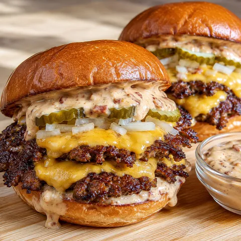 Double smash burgers with baconnaise sauce, melted cheese, onions, and pickles