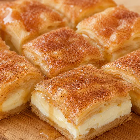 Sopapilla cheesecake bars with cinnamon sugar crust and honey drizzle on a wooden board