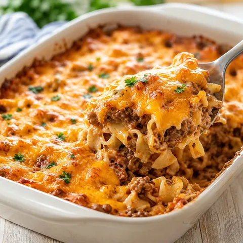 Sour cream beef noodle casserole with melted cheddar and parsley