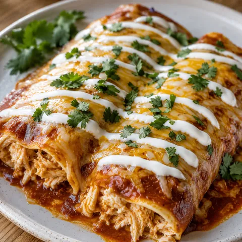 Sour cream chicken enchiladas with melted cheese and cilantro on a white plate