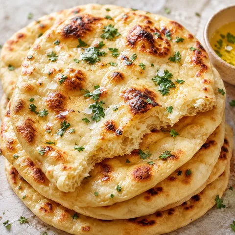 Stack of sourdough naan flatbread with garlic ghee and cilantro