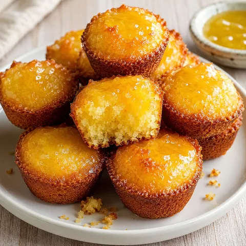 Golden honey butter cornbread poppers stacked on a white plate