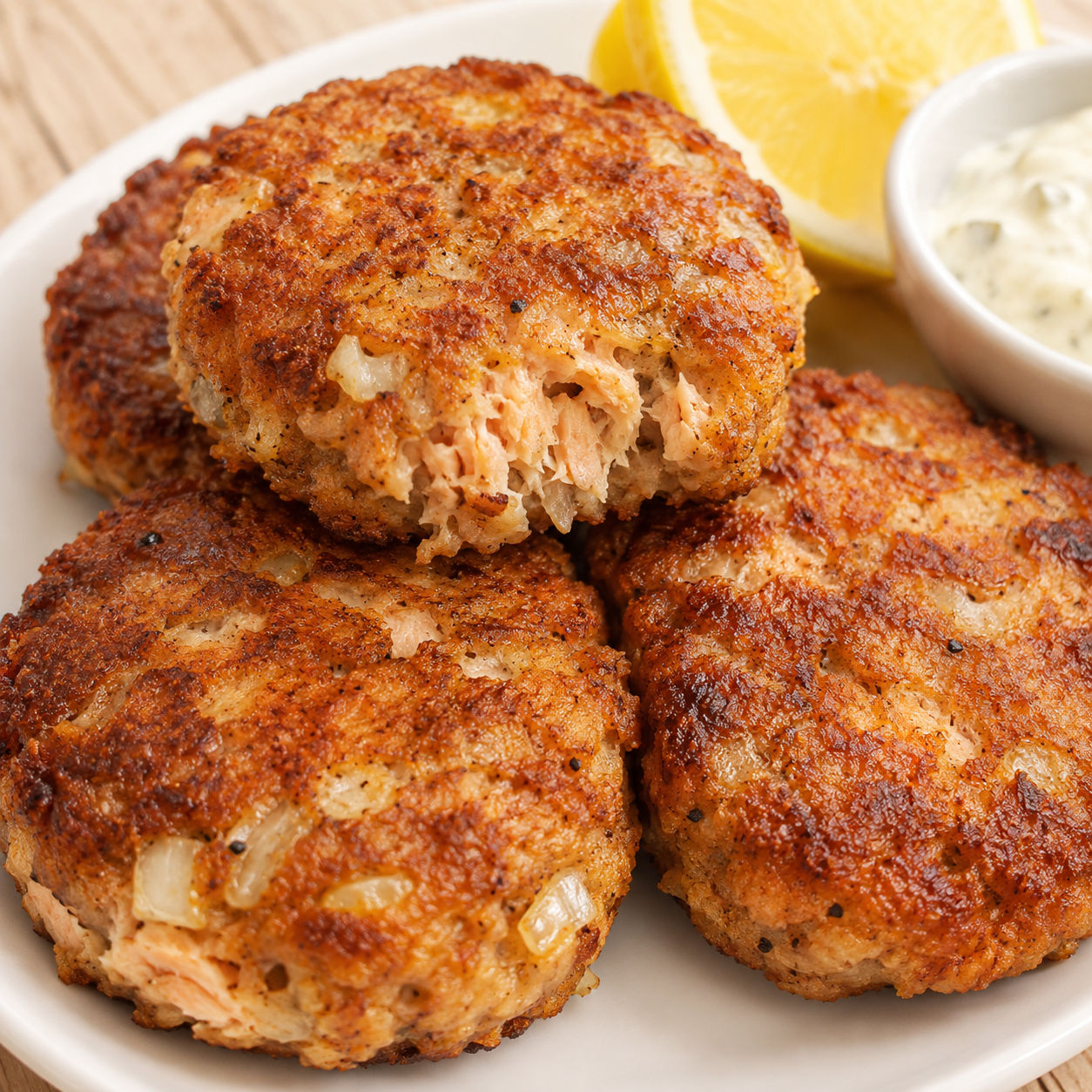 Golden brown Southern salmon patties on a white plate with lemon and tartar sauce