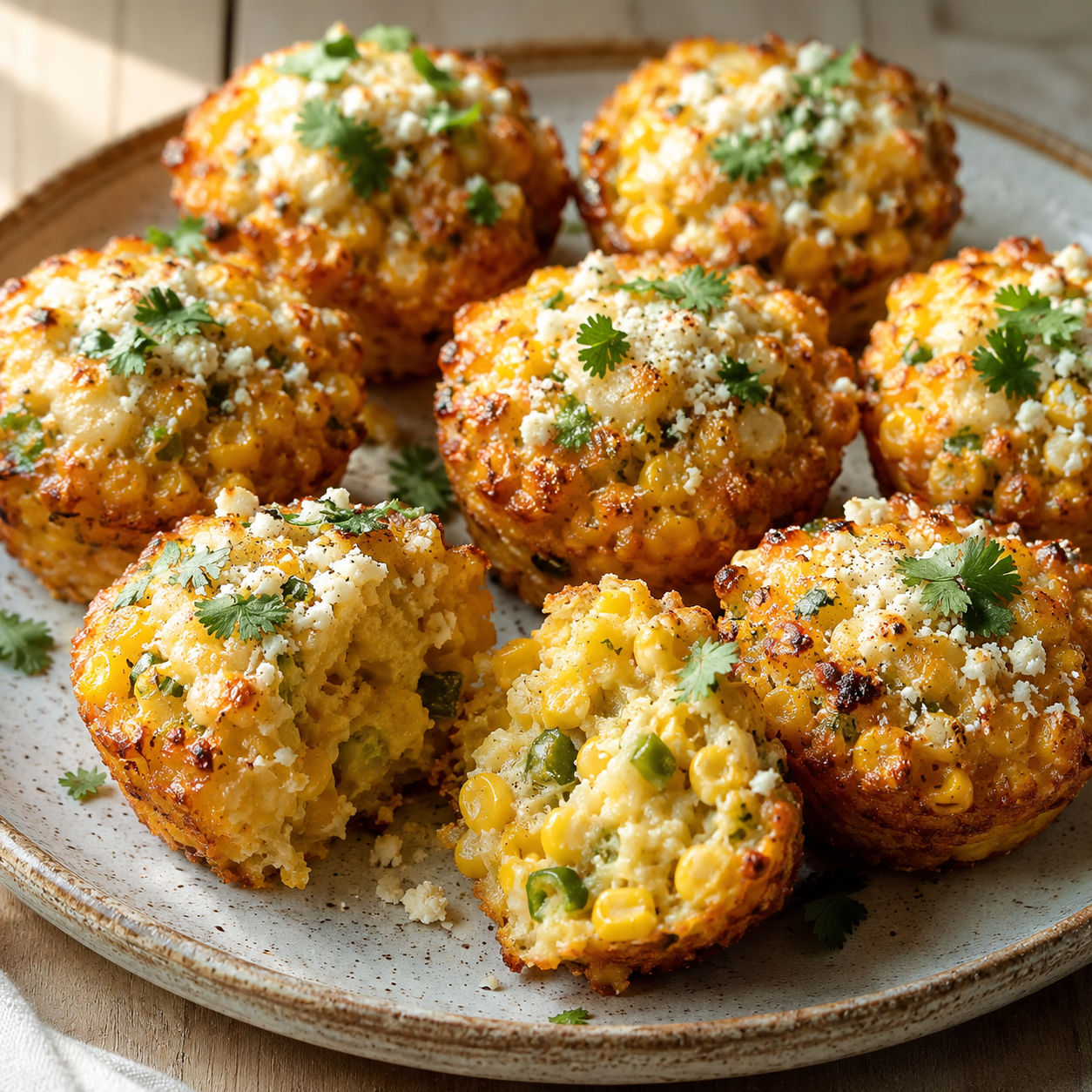 Baked spicy Mexican corn bites topped with cotija cheese and jalapeño on a ceramic plate