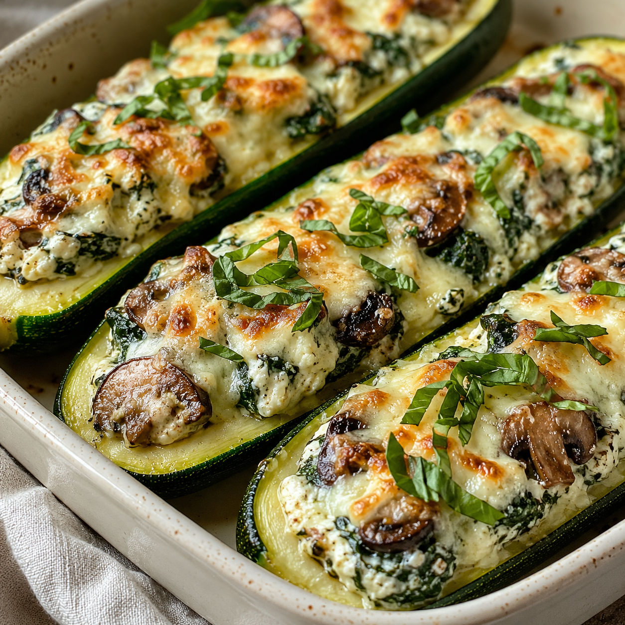 Spinach mushroom ricotta stuffed zucchini boats with melted mozzarella and basil