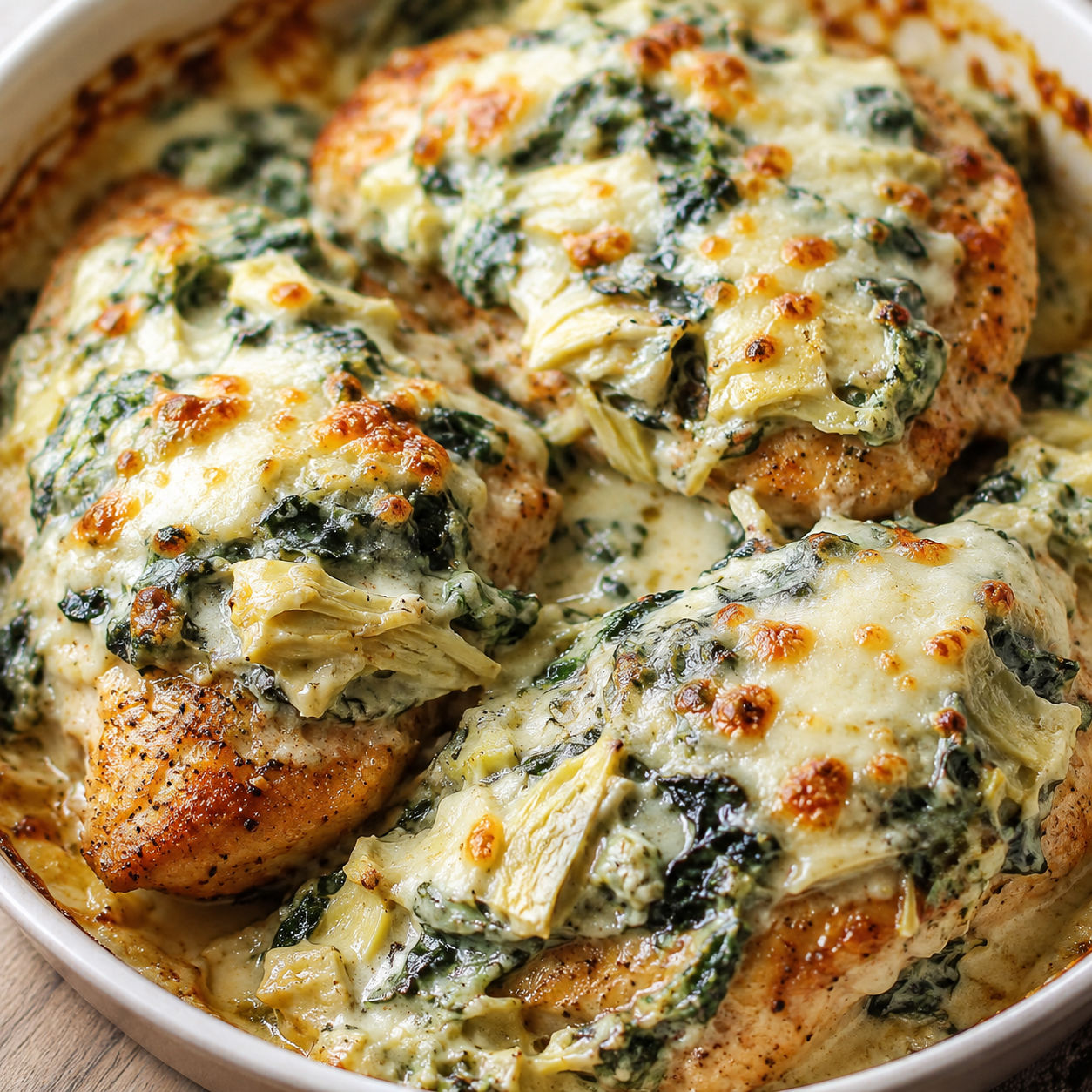 Baked spinach artichoke chicken with melted mozzarella and golden parmesan