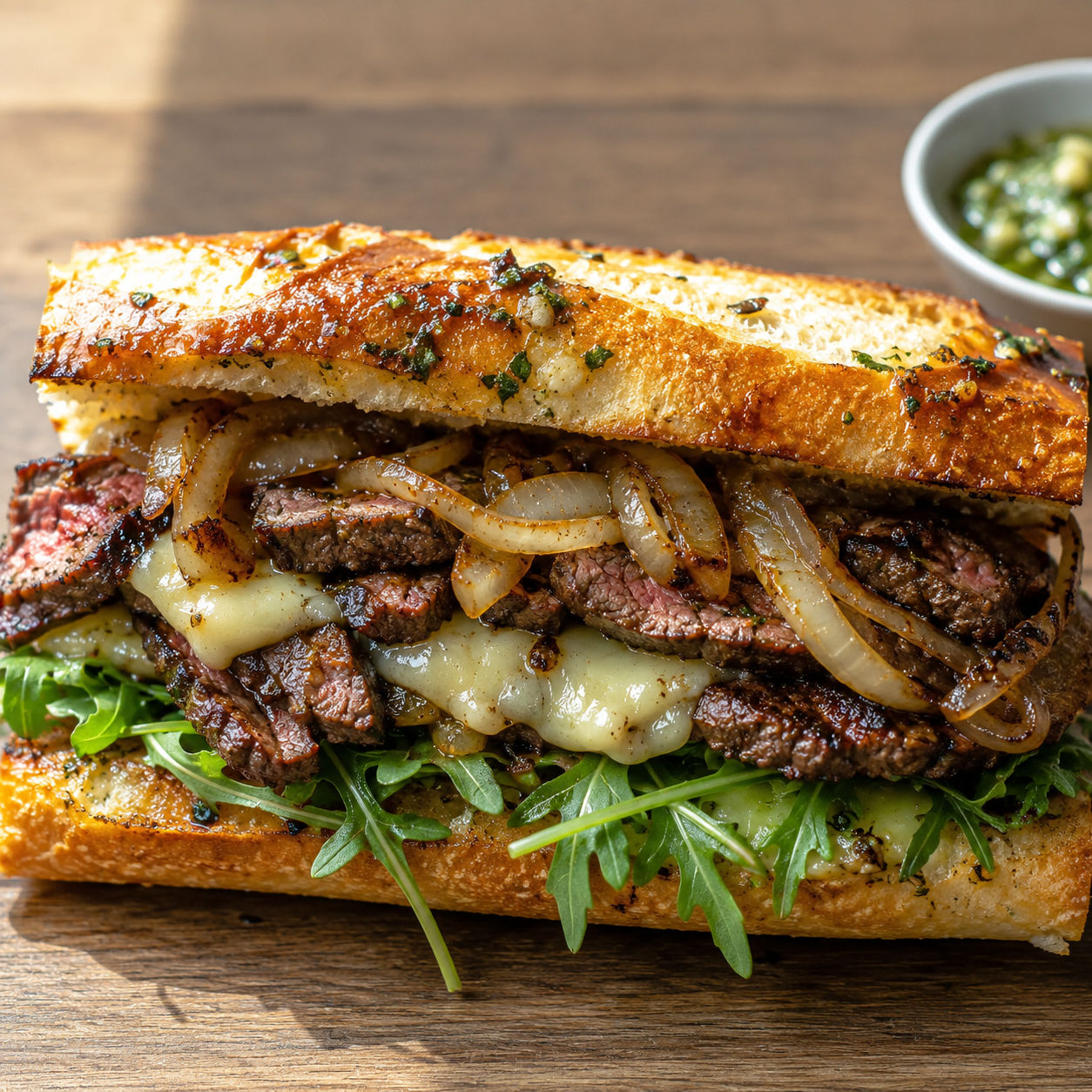 Steak sandwich with garlic herb butter, onions, melted cheese, and arugula