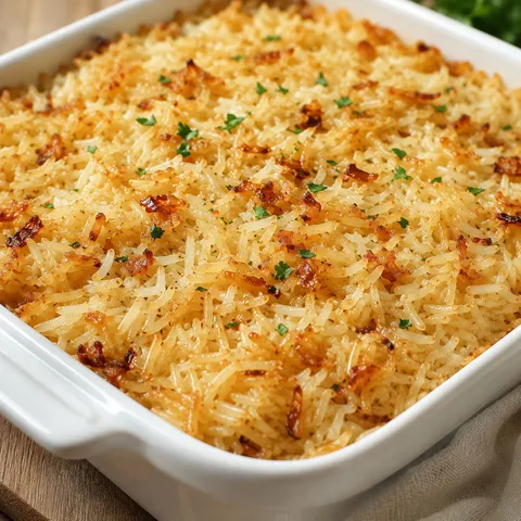 Baked butter rice with golden onions in a white ceramic dish