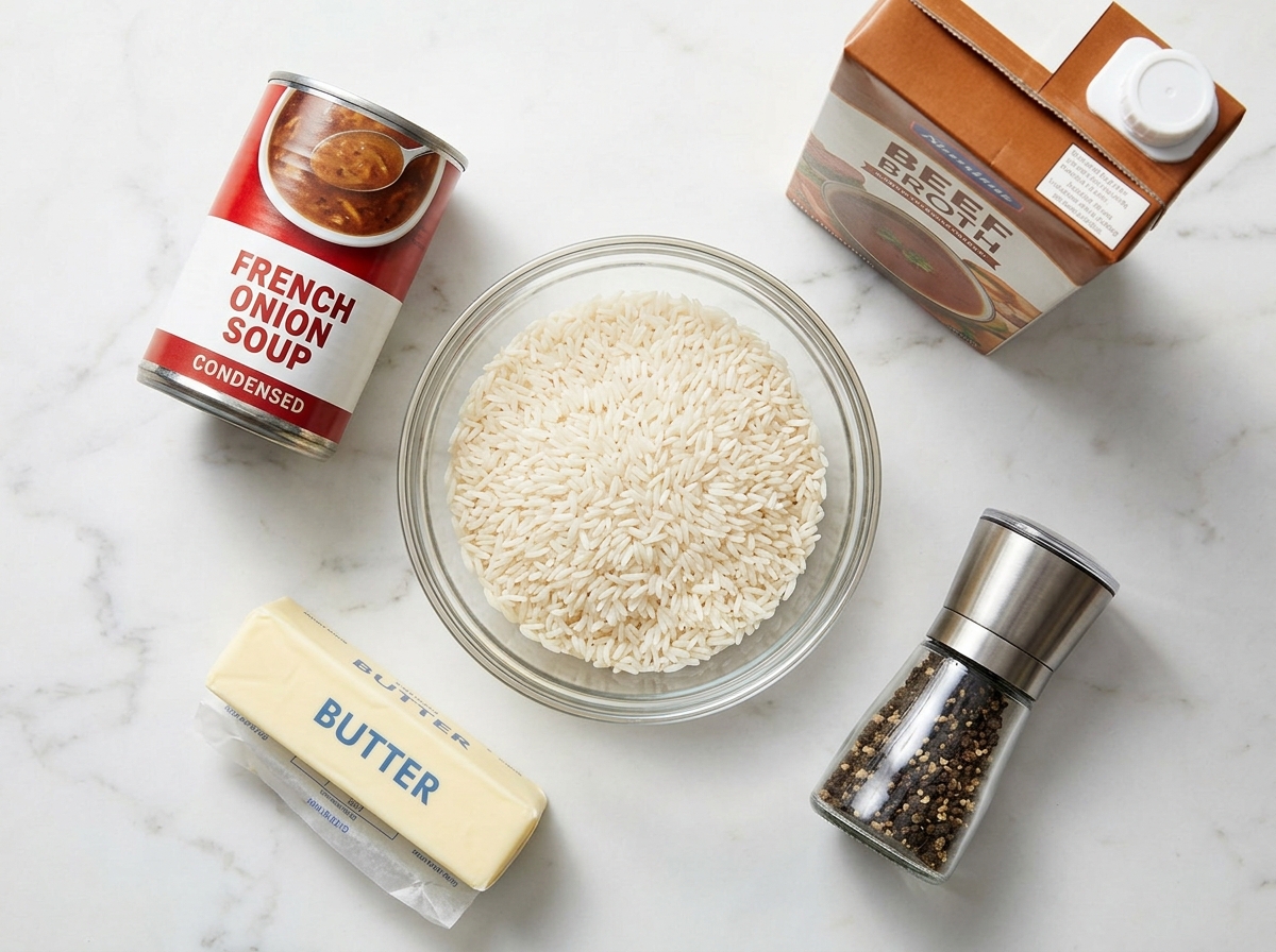 Raw ingredients for stick of butter rice on a wooden counter