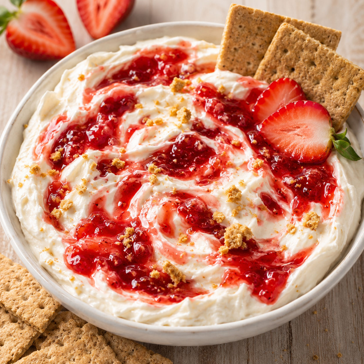 Strawberry cheesecake dip with berry swirls and graham cracker crumbs
