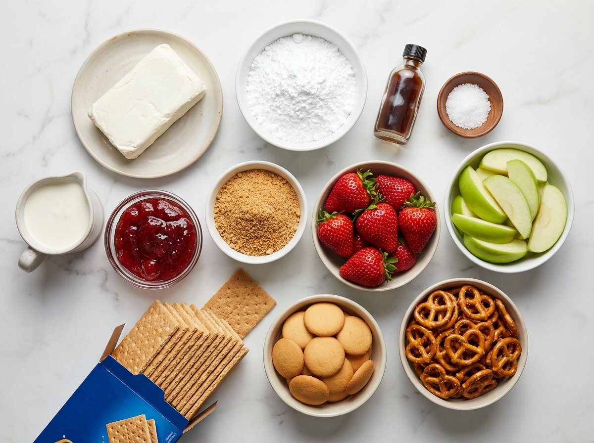 Ingredients for strawberry cheesecake dip with strawberries and crackers