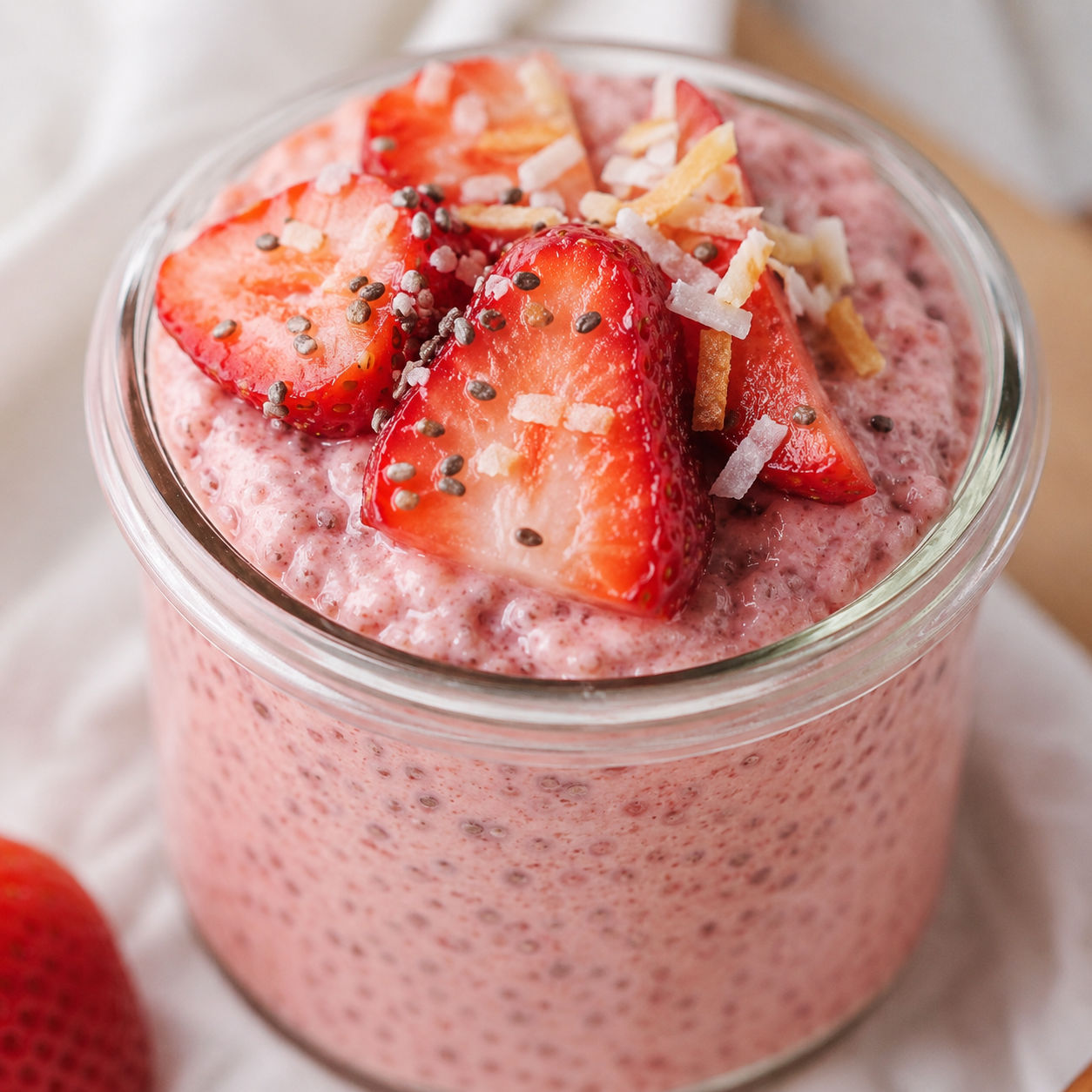 Strawberry chia seed pudding in a glass jar with fresh berries