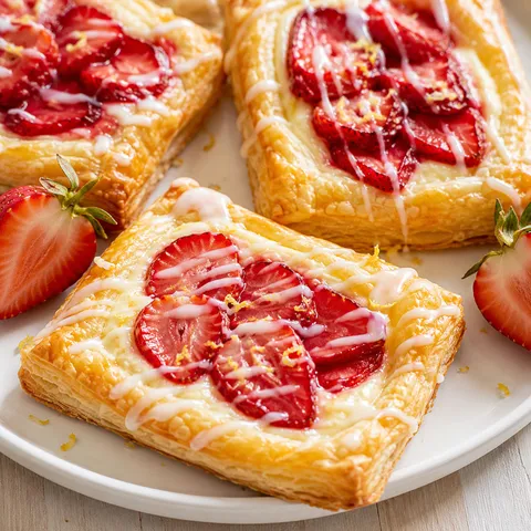 Strawberry danishes with lemon icing on a white platter