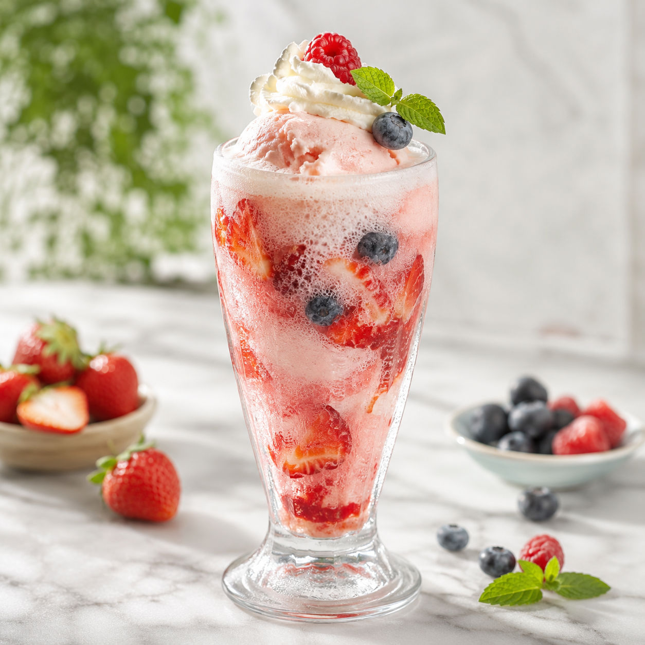 Strawberry ice cream float with fresh berries, whipped cream, and mint