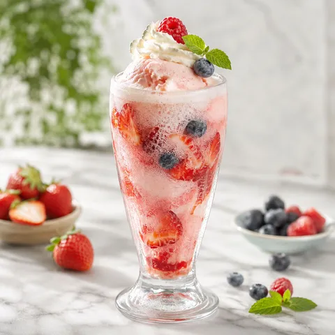 Strawberry ice cream float with fresh berries, whipped cream, and mint