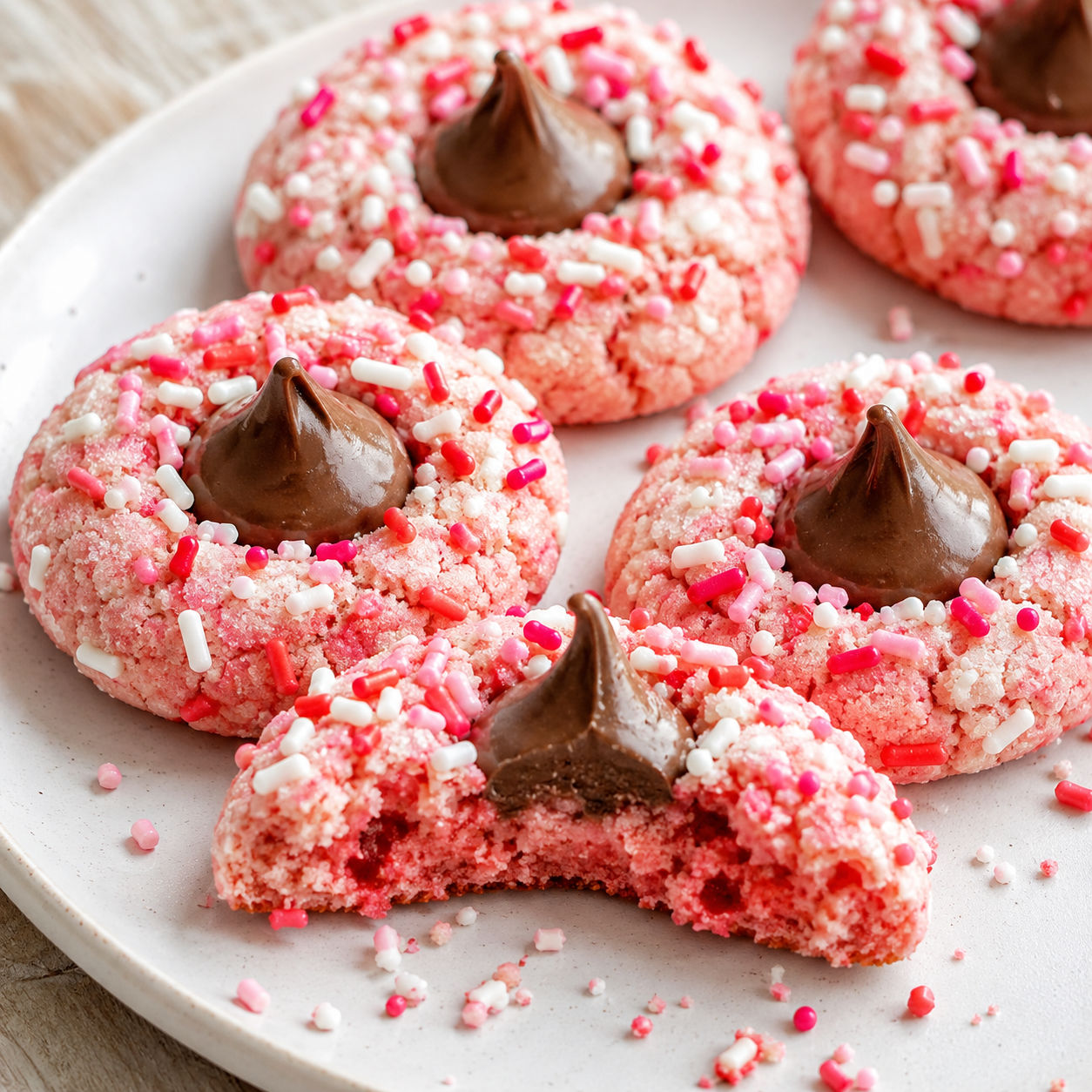 Pink strawberry kiss cookies with sprinkles and chocolate centers