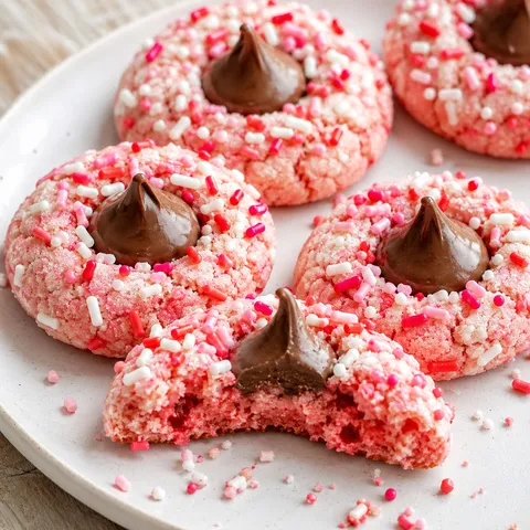 Pink strawberry kiss cookies with sprinkles and chocolate centers