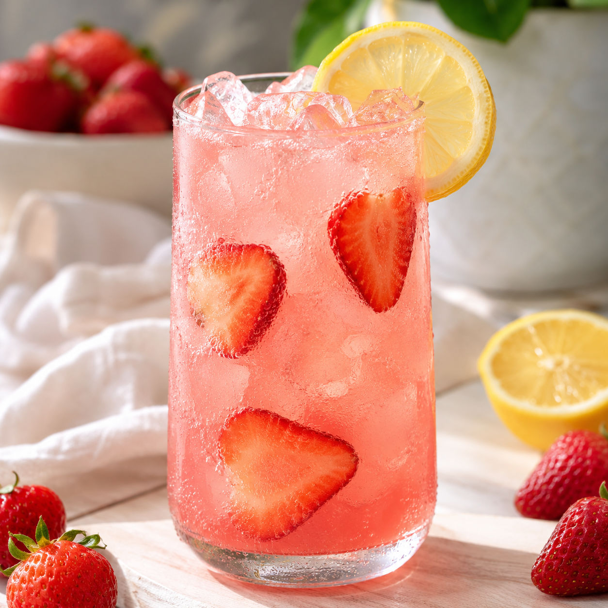 Strawberry lemonade Malibu cocktail with lemon and fresh berries