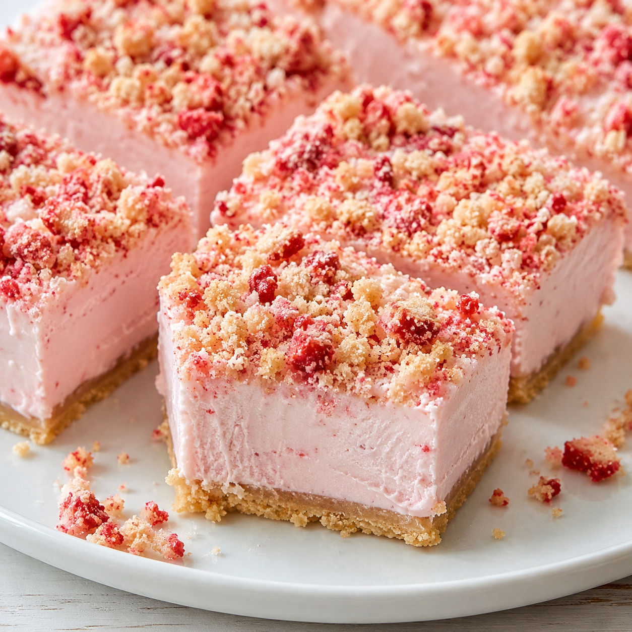 Strawberry shortcake ice cream bars with pink filling and crumb topping