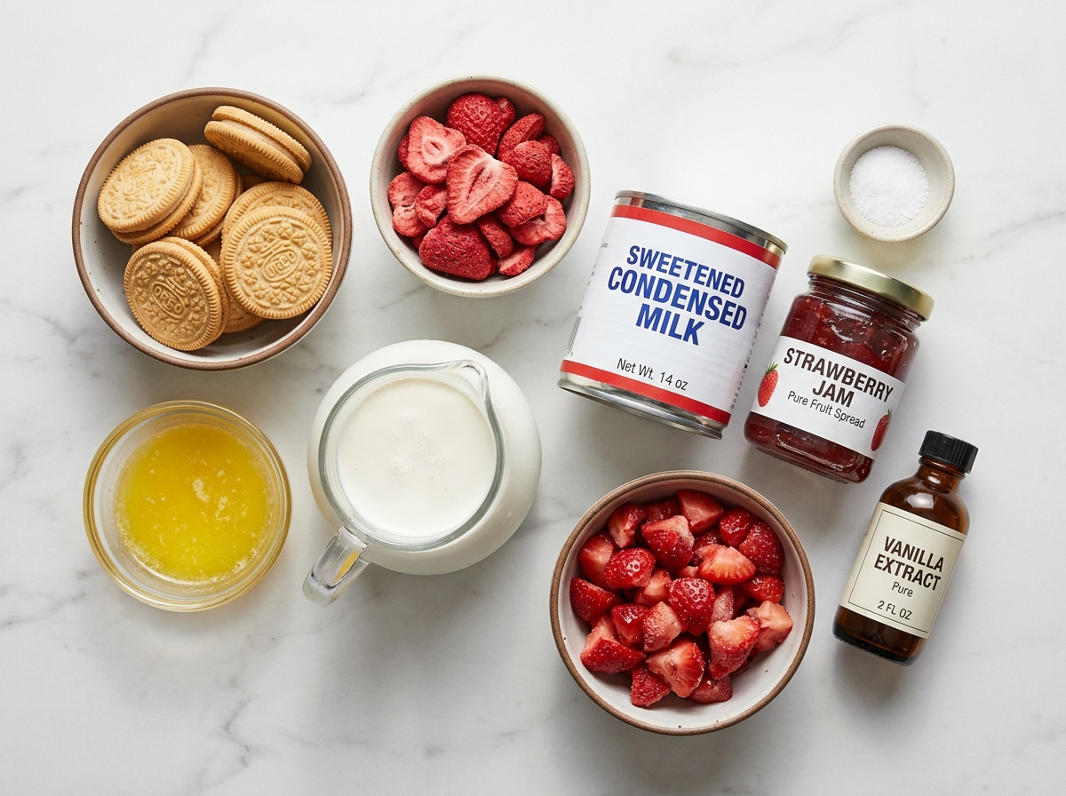 Ingredients for strawberry shortcake ice cream bars on a wooden surface