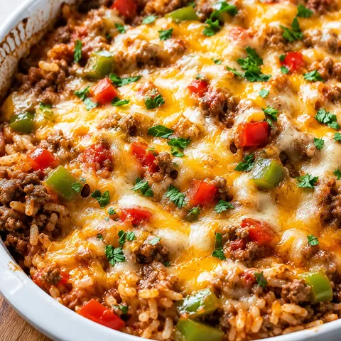 Stuffed pepper casserole with beef, rice, peppers, cheese and parsley