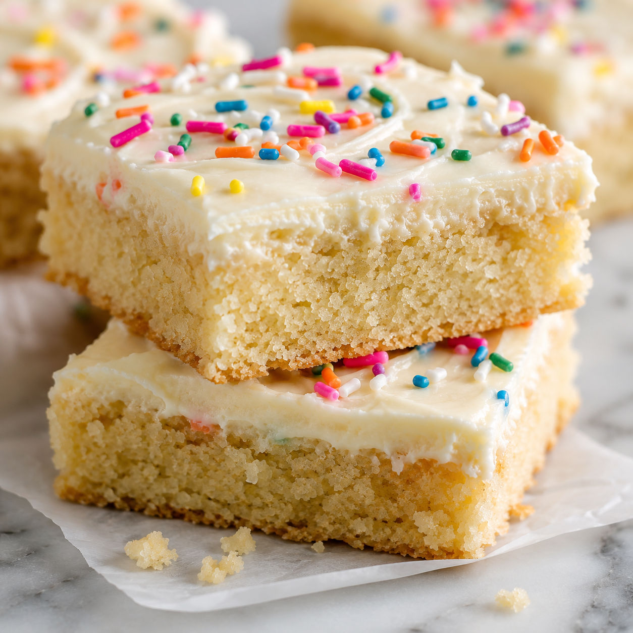 Sugar cookie bars with cream cheese frosting and rainbow sprinkles