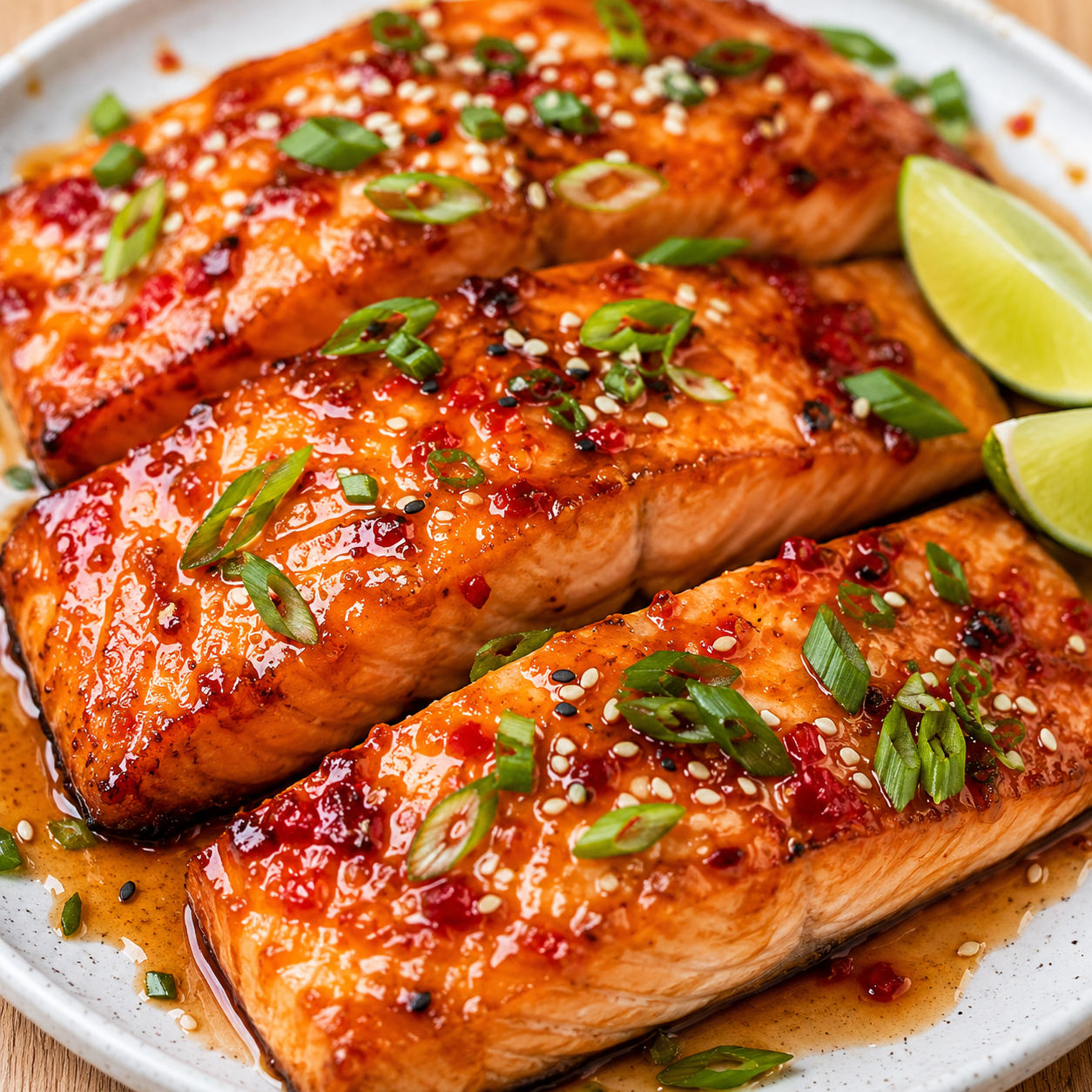 Sweet chili glazed salmon with green onions, sesame seeds, and lime