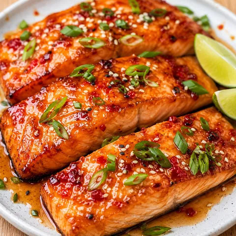 Sweet chili glazed salmon with green onions, sesame seeds, and lime